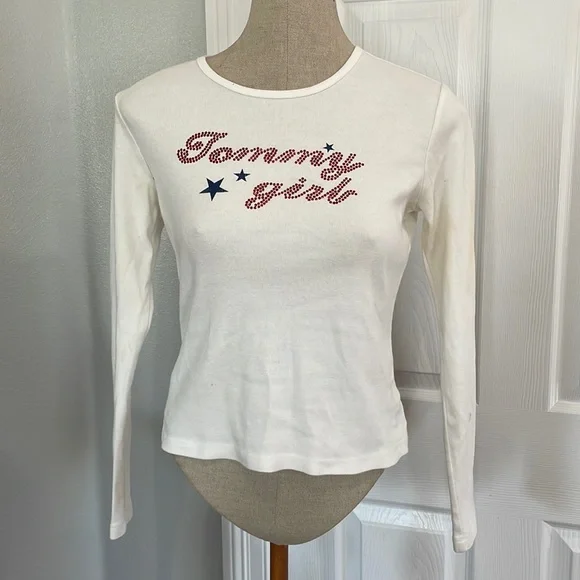 Vtg Tommy jeans Girl top Hilfiger White long sleeve shirt embellished jersey L - Picture 1 of 8